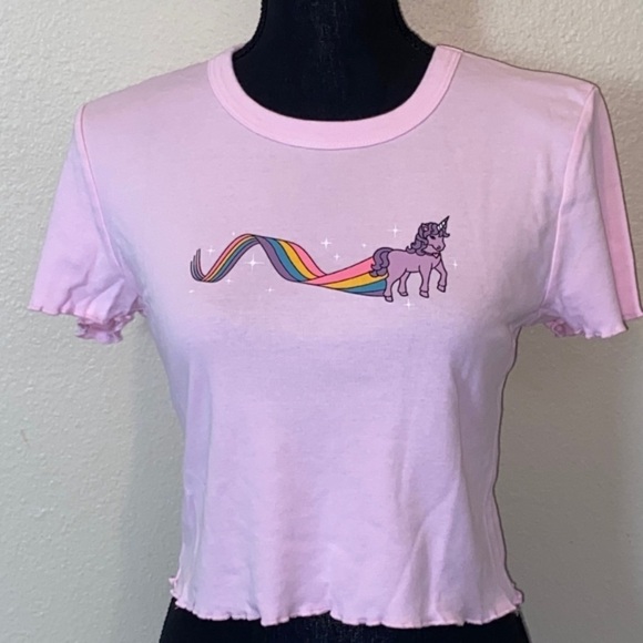 PacSun LA Pink Unicorn Dreams Cropped Tee Shirt Large - Picture 2 of 9